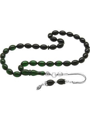 Tesbihane 925 Ayar Gümüş Püsküllü Bilek Boy Süzme Yeşil-Siyah Ateş Kehribar Tesbih