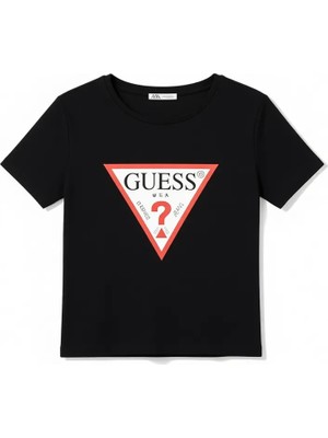 Kadın Guess Slim Fit Kısa Kol T-Shirt Siyah Renk Grafik Desenli M Beden