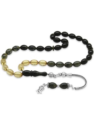 Tesbihane 925 Ayar Gümüş Püsküllü Bilek Boy Süzme Siyah-Beyaz Ateş Kehribar Tesbih