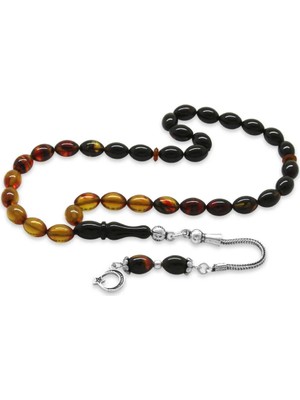 Tesbihane 925 Ayar Gümüş Püsküllü Bilek Boy Süzme Bala-Siyah Ateş Kehribar Tesbih