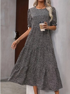 MiraLive Miray- Kadın Mini Leopar Desen Midi Üç Kat Elbise