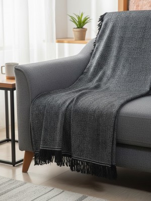 My Evilla Antrasit Koltuk Örtüsü Kanepe Için Kaymaz Tabanlı Şık Dokulu Saçaklı Modern Salon Örtüsü 170X220CM