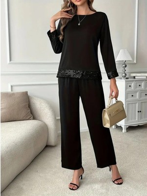 MiraLive Miray- Kadın Uzun Kollu Bisiklet Yaka Pulpayetli Viskon Iki Iplik Bluz ve Pantolon Ikili Takım