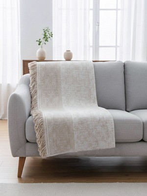 My Evilla Bej Krem Koltuk Örtüsü Kanepe Için Kaymaz Tabanlı Şık Dokulu Saçaklı Modern Salon Örtüsü 170X220CM