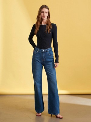 Dilvin 72293 Yüksek Bel Wide Leg Jean-Mavi