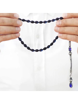 Tesbihane 1000 Ayar Gümüş Kazaz Püsküllü Arpa Kesim Mavi-Siyah Sıkma Kehribar Tesbih