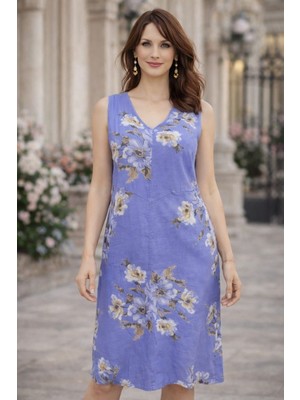 Çiçek Desenli Keten Elbise