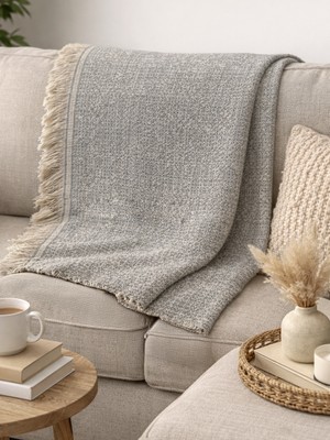 My Evilla Bej Koltuk Örtüsü Kanepe Için Kaymaz Tabanlı Şık Dokulu Saçaklı Modern Salon Örtüsü 170X220CM