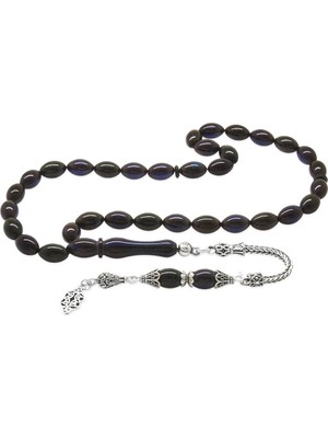 Tesbihane 925 Ayar Gümüş Püsküllü Arpa Kesim Mavi-Siyah Sıkma Kehribar Tesbih