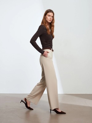 Dilvin 72643 Orta Bel Geniş Paça Pantolon-Taş