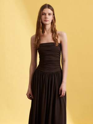 Dilvin 91496 Straplez Büzgülü Elbise-Koyu Kahve