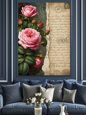 Artmeg Eski Mektup Üzerinde Pembe Güller Dekoratif Kanvas - Mdf Ahşap Tablo