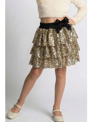 Breeze Kız Çocuk Etek Kat Kat Pul Payetli Fiyonk Aksesuarlı 5-10 Yaş, Gold
