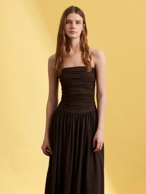 Dilvin 91496 Straplez Büzgülü Elbise-Koyu Kahve