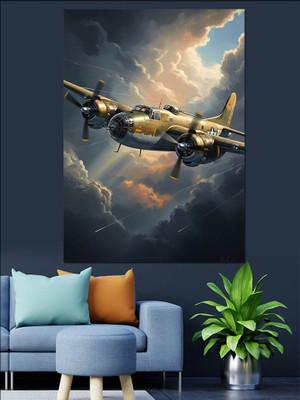 Artmeg Bulutların Üstünde Savaş Uçağı Dekoratif Kanvas - Mdf Ahşap Tablo