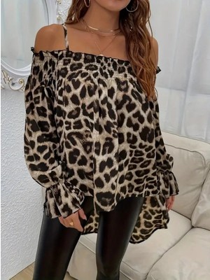 MiraLive Miray- Kadın Ip Askılı Omuzlardan Açık Leopar Desenli Asimetrik Kesim Süprem Bluz