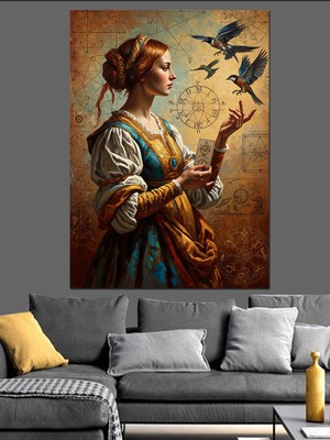 Artmeg Elinde Kuş Tutan Rönesans Kadını Dekoratif Kanvas - Mdf Ahşap Tablo