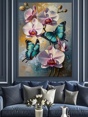 Artmeg Kelebekli Orkide Çiçek Buketi Dekoratif Kanvas - Mdf Ahşap Tablo