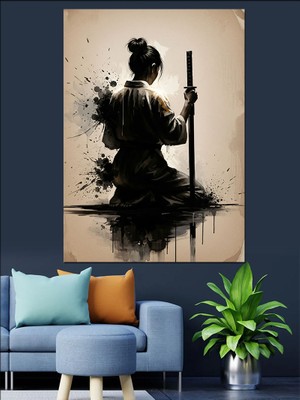 Artmeg Kılıç Tutan Siyah Giyimli Samuray Dekoratif Kanvas - Mdf Ahşap Tablo