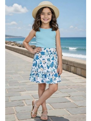 Riccotarz Kız Çocuk Ip Askılı Kolsuz Kaşkorse Crop, Mavi Yaprak Baskılı Etekli Takım