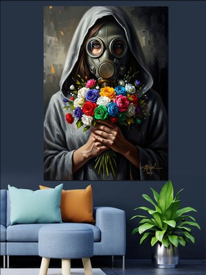 Artmeg Çiçek Tutan Gaz Maskeli Figür Dekoratif Kanvas - Mdf Ahşap Tablo