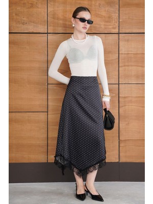 Cemo Kadın Puantiyeli Asimetrik Kesim Dantel Detaylı Midi Etek