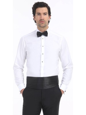 Ramsey Beyaz Düz Slim Fit Duble Manşet Klasik Yaka Smokin Gömlek