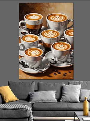 Artmeg Beş Fincan Farklı Kahve Çeşidi Dekoratif Kanvas - Mdf Ahşap Tablo
