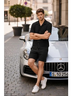 MiraLive Miray- Erkek Waffle Kumaş Kısa Kollu Gömlek Şort Takım Regular Fit Yazlık Ikili Set - Siyah