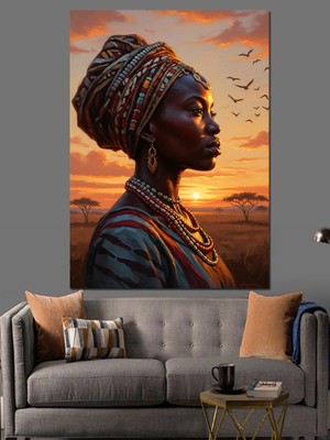 Artmeg Etnik Takılı Afrikalı Kadın Portresi Dekoratif Kanvas - Mdf Ahşap Tablo