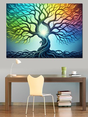 Artmeg Gökkuşağı Renklerinde Işıltılı Hayat Ağacı Dekoratif Kanvas - Mdf Ahşap Tablo