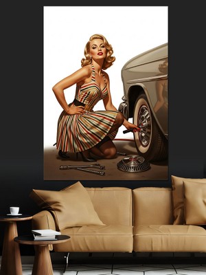 Artmeg Retro Elbiseli Kadın Araba Dekoratif Kanvas - Mdf Ahşap Tablo