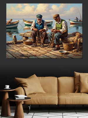 Artmeg Iskelede Oturan Yaşlı Balıkçı Adamlar Dekoratif Kanvas - Mdf Ahşap Tablo