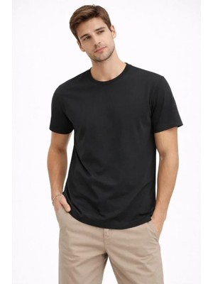 MiraLive Miray- Erkek Bisiklet Yaka Tişört Regular Kalıp Basic Pamuklu Günlük Kullanım T-Shirt - Siyah