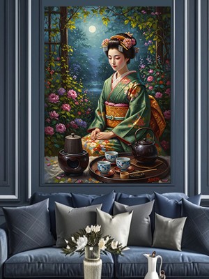 Artmeg Bahçede Çay Keyfi Yapan Geyşa Dekoratif Kanvas - Mdf Ahşap Tablo