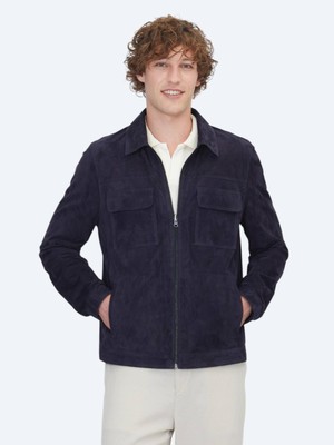 Kip Koyu Lacivert Regular Fit Gömlek Yaka Smart Casual Deri Mont