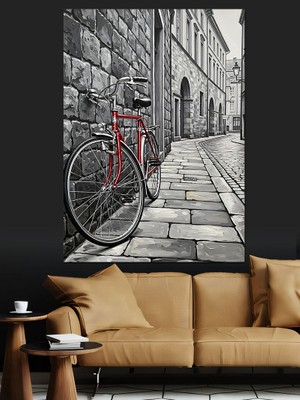 Artmeg Siyah Beyaz Sokakta Bisiklet Dekoratif Kanvas - Mdf Ahşap Tablo