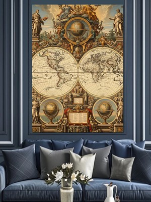 Artmeg Antik Dünya Haritası ve Melekler Dekoratif Kanvas - Mdf Ahşap Tablo