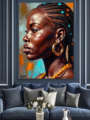 Artmeg Egzotik Küpeli Afrikalı Kadın Portresi Dekoratif Kanvas - Mdf Ahşap Tablo