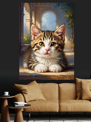 Artmeg Sepette Oturan Yavru Kedi Portresi Dekoratif Kanvas - Mdf Ahşap Tablo