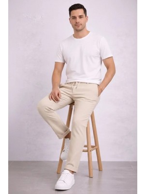 MiraLive Miray- Erkek Diagonel Mikro Dokulu Duble Paça Cepli Pantolon Bağcıklı Bel, Modern Kesim - Krem