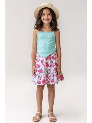 Riccotarz Kız Çocuk Ip Askılı Kolsuz Kaşkorse Crop, Fuşya Yaprak Baskılı Etekli Takım