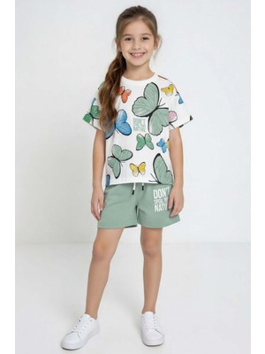 Riccotarz Kız Çocuk Üzeri Renkli Kelebek Baskılı Penye T-Shirt Yazı Baskılı Yeşil Şortlu Takım