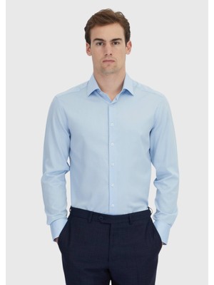 Ramsey Mavi Çizgili Regular Fit Dokuma Klasik Pamuk Karışımlı Gömlek