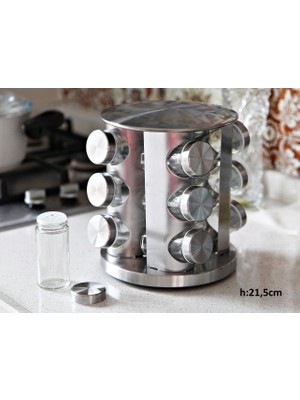 Gönül 12'li Paslanmaz Metal Döner Stantlı Cam Baharatlık Seti Mutfak Dekoruna Uygun Şık Tasarım