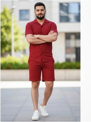 MiraLive Miray- Erkek Waffle Kumaş Kısa Kollu Gömlek Şort Takım Regular Fit Yazlık Ikili Set - Bordo