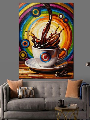 Artmeg Gökkuşağı Renklerinde Kahve Fincanı Sanatı Dekoratif Kanvas - Mdf Ahşap Tablo