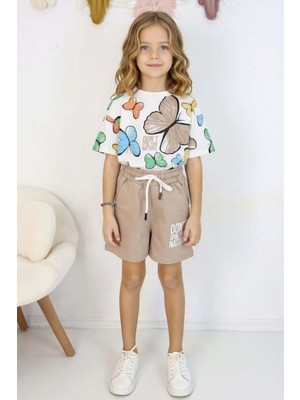 Riccotarz Kız Çocuk Üzeri Renkli Kelebek Baskılı Penye T-Shirt Yazı Baskılı Bej Şortlu Takım
