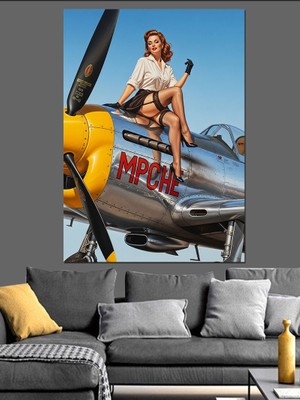 Artmeg Pin Up Kız ve Uçak Dekoratif Kanvas - Mdf Ahşap Tablo