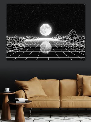 Artmeg Retro Futuristik Geometrik Ay Görseli Dekoratif Kanvas - Mdf Ahşap Tablo